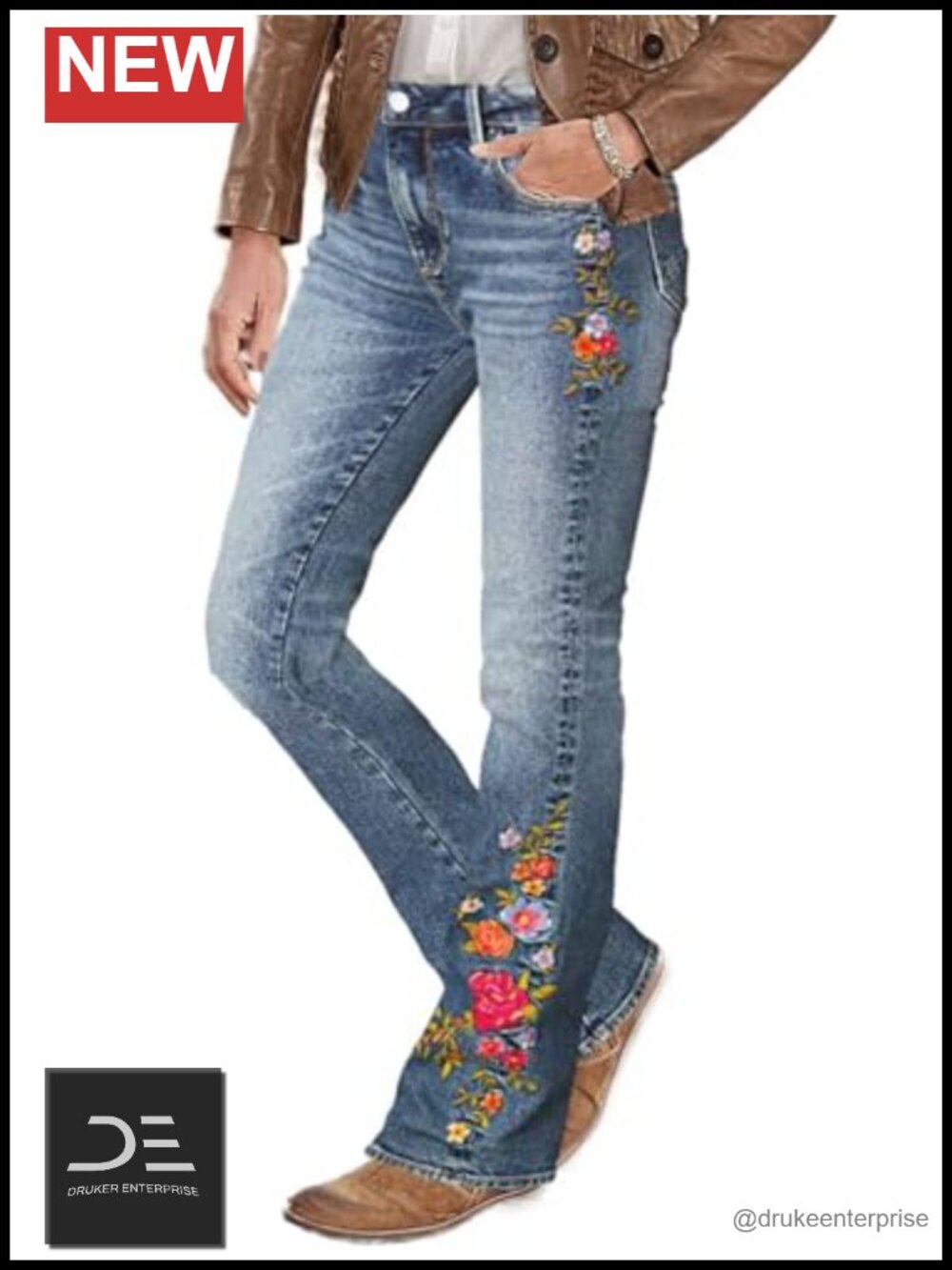Embroidered Mid Rise High Stretch Bootcut Flare Jeans Women